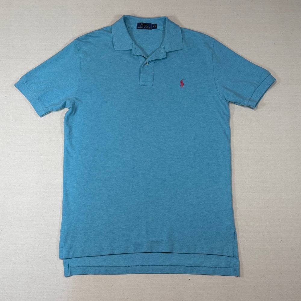 Polo Ralph Lauren Mens Medium Blue Short Sleeve Pique Polo Shirt Pink Pony